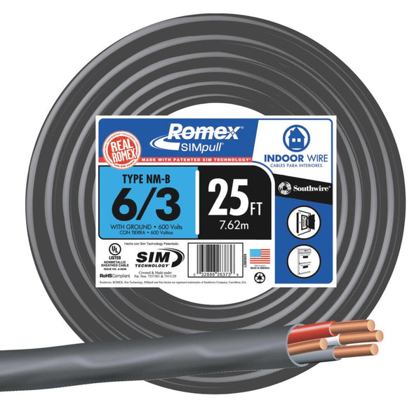 Romex 25 Ft. 6-3 Stranded Black NMW/G Wire