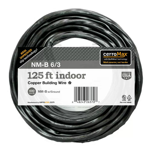 Marmon Home Improvement 125 ft. 6/3 Black Stranded CerroMax SLiPWire Copper NM-B Wire