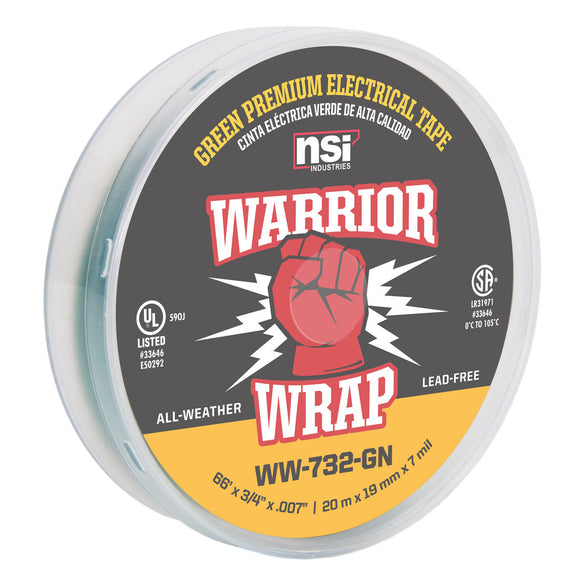 NSI Industries WW-732-GN WarriorWrap Premium Medium 3/4 in. x 66 ft. 7 mil Vinyl Electrical Tape, Green